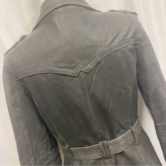 Dick & Jayne Charcoal Gray/Black Genuine Leather Belted Trench Coat - Picture 8 of 11